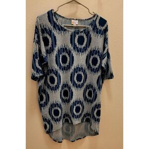 Gray women's S lularoe shirt with green blue & black geometric Circle Pattern